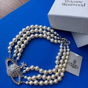 Vivienne Westwood Triple Pearl Necklace with diamonds